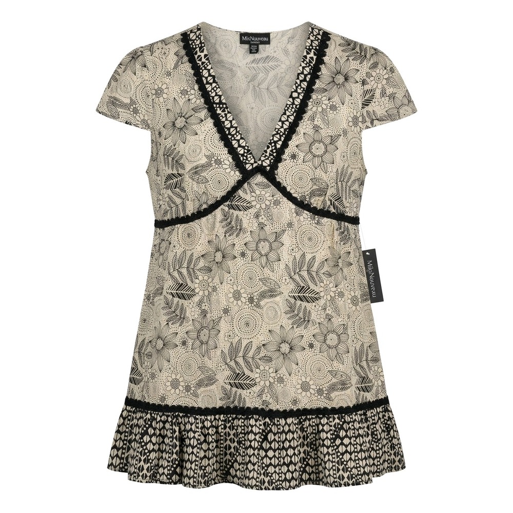 Mix Nouveau Womens Floral Babydoll Top V-Neck Crochet Lace Ruffle Hem Cream Blk